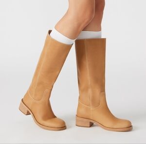 Steve Madden 70s Retro Inspired Campus Wide Calf Tan Leather Heeled Boots Size 8